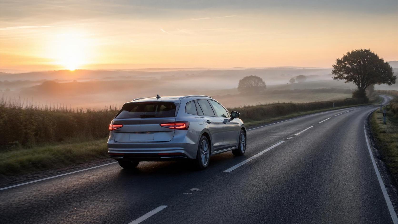 Rental estate car on a quiet rural road near Chard in early morning light