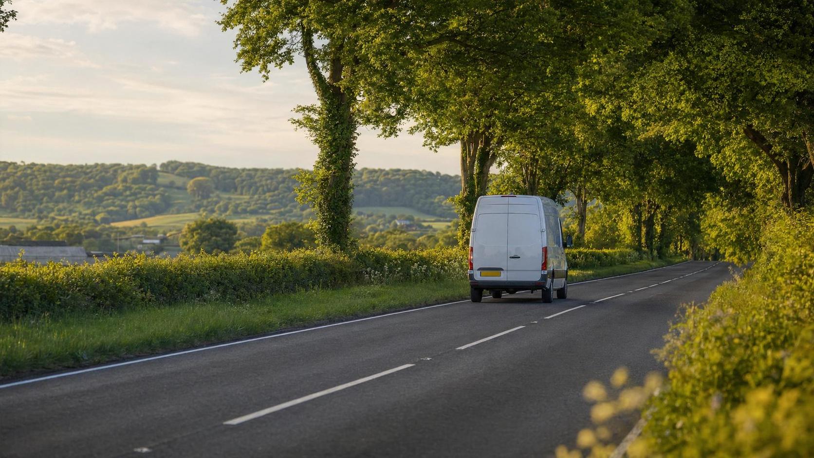Unbranded rental van on a tree-lined rural road in the Taunton area