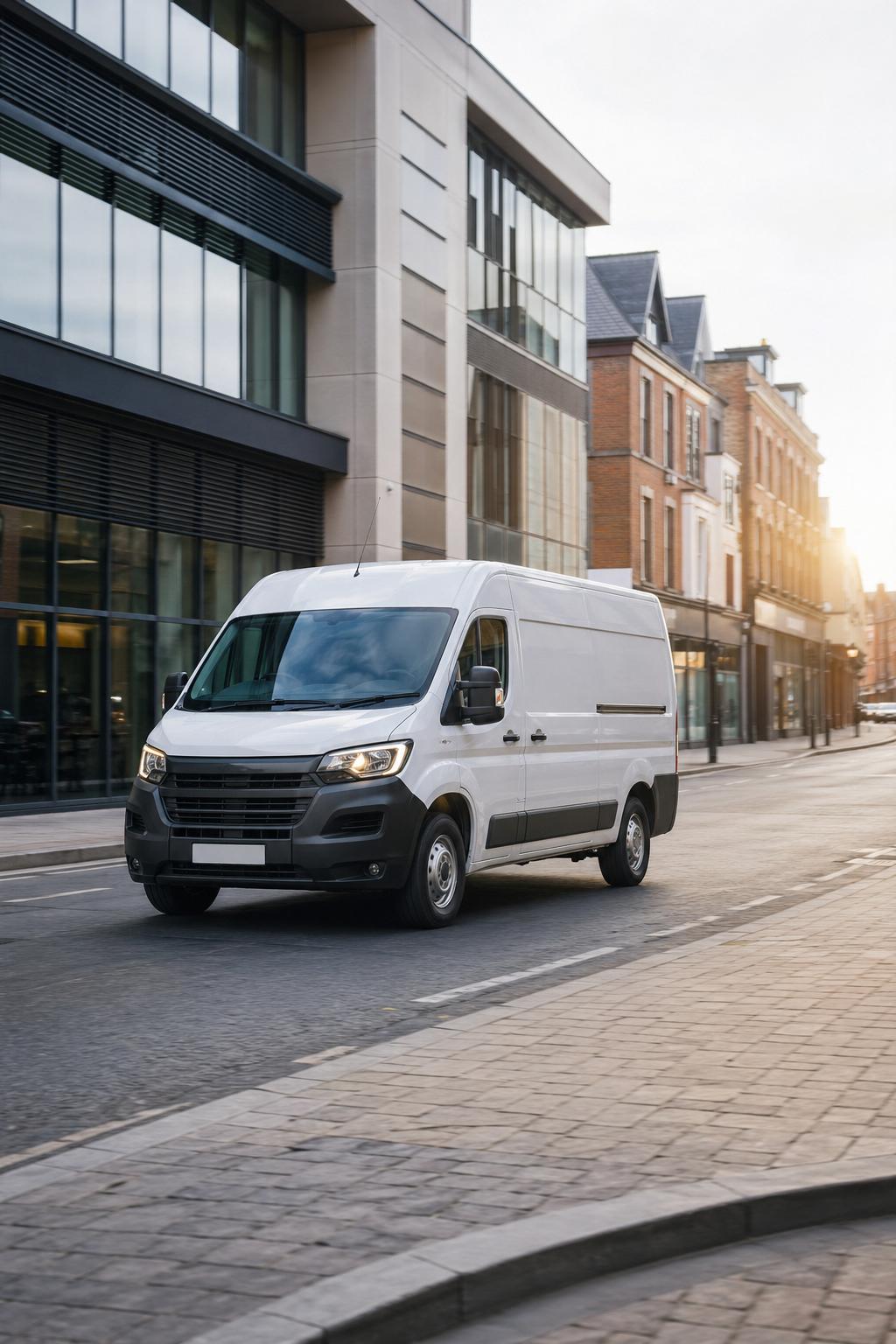 A white hire van driving through a modern street in Taunton.