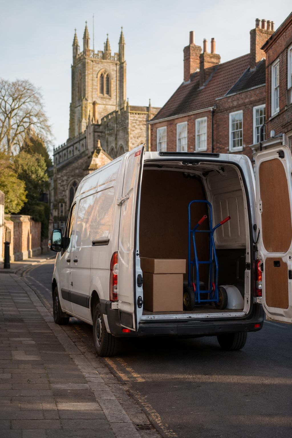 A white transit van parked on a Bridgwater street with boxes ready for a move.