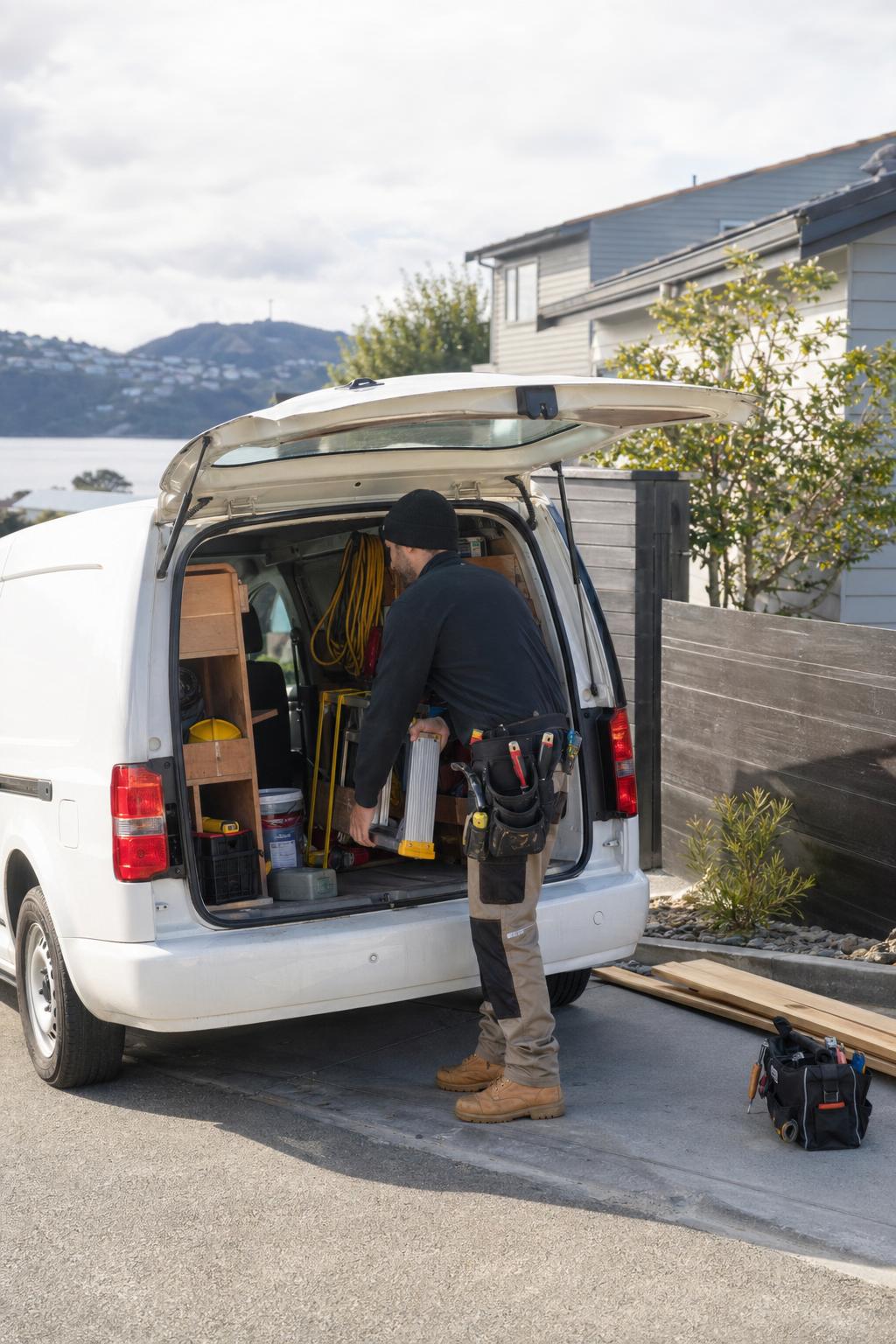 A small builder’s van being loaded beside a residential driveway in Wellington.