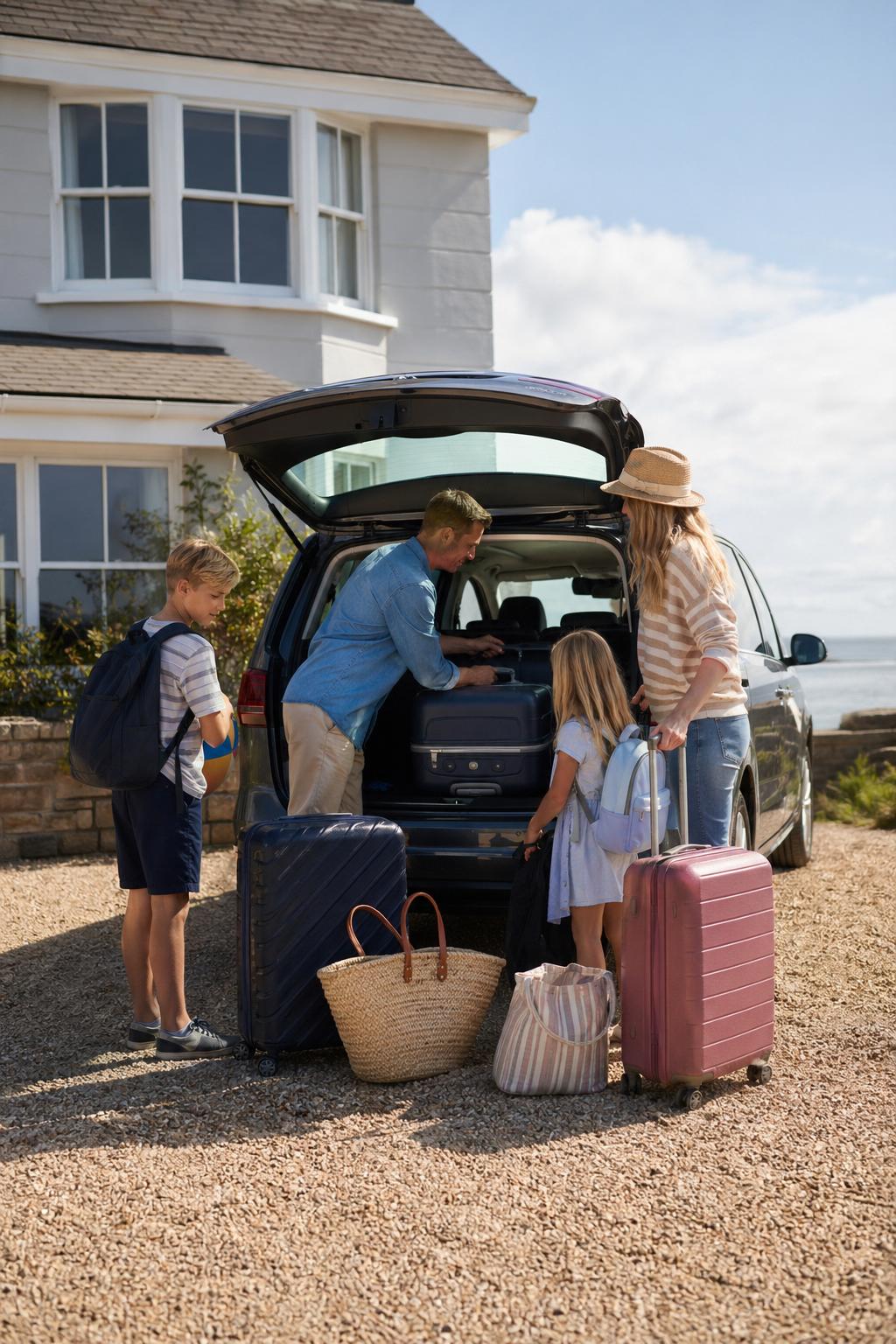 A family loading luggage into a hire people carrier near Burnham-on-Sea.