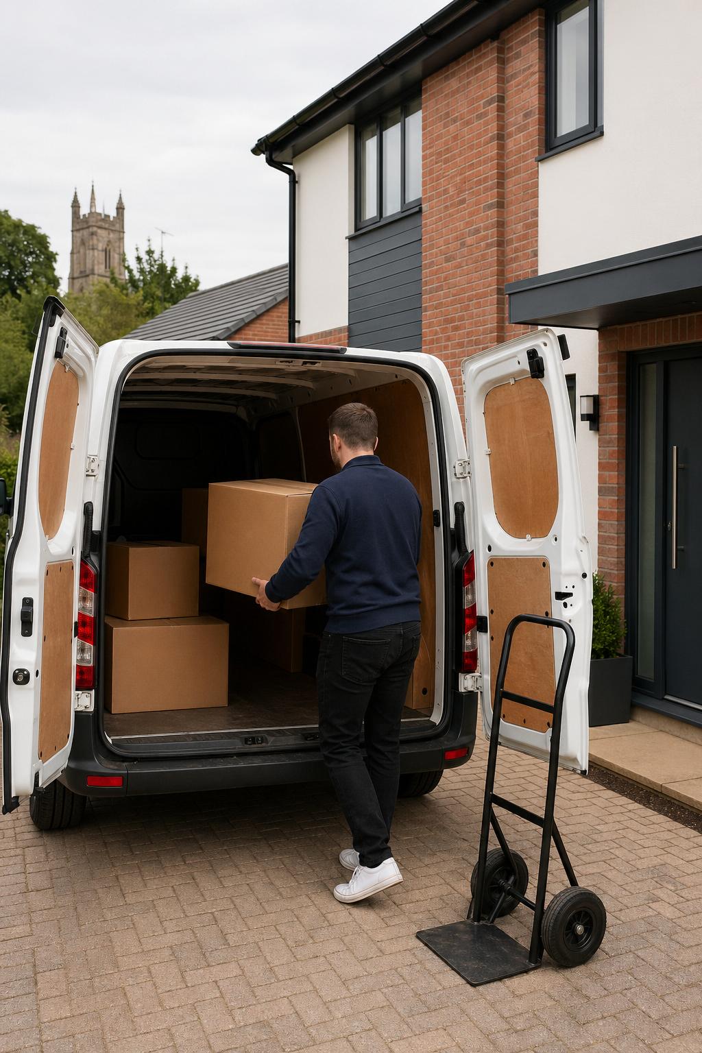 A customer loads boxes into a hire van on a residential driveway in Taunton.