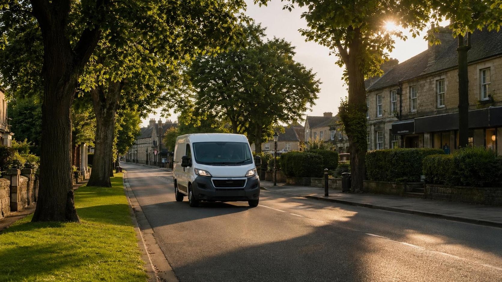 Clean rental van driving along a leafy avenue near Street in Somerset
