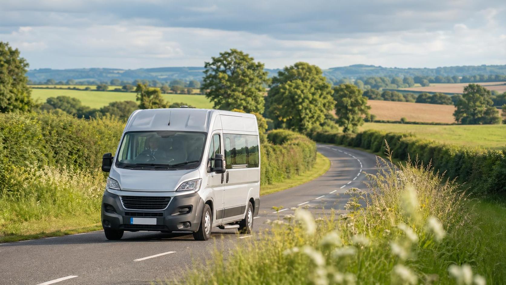 Unbranded rental minibus traveling along a summer country lane near Ilminster